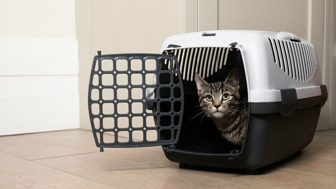 Kitten sitting in a cat crate