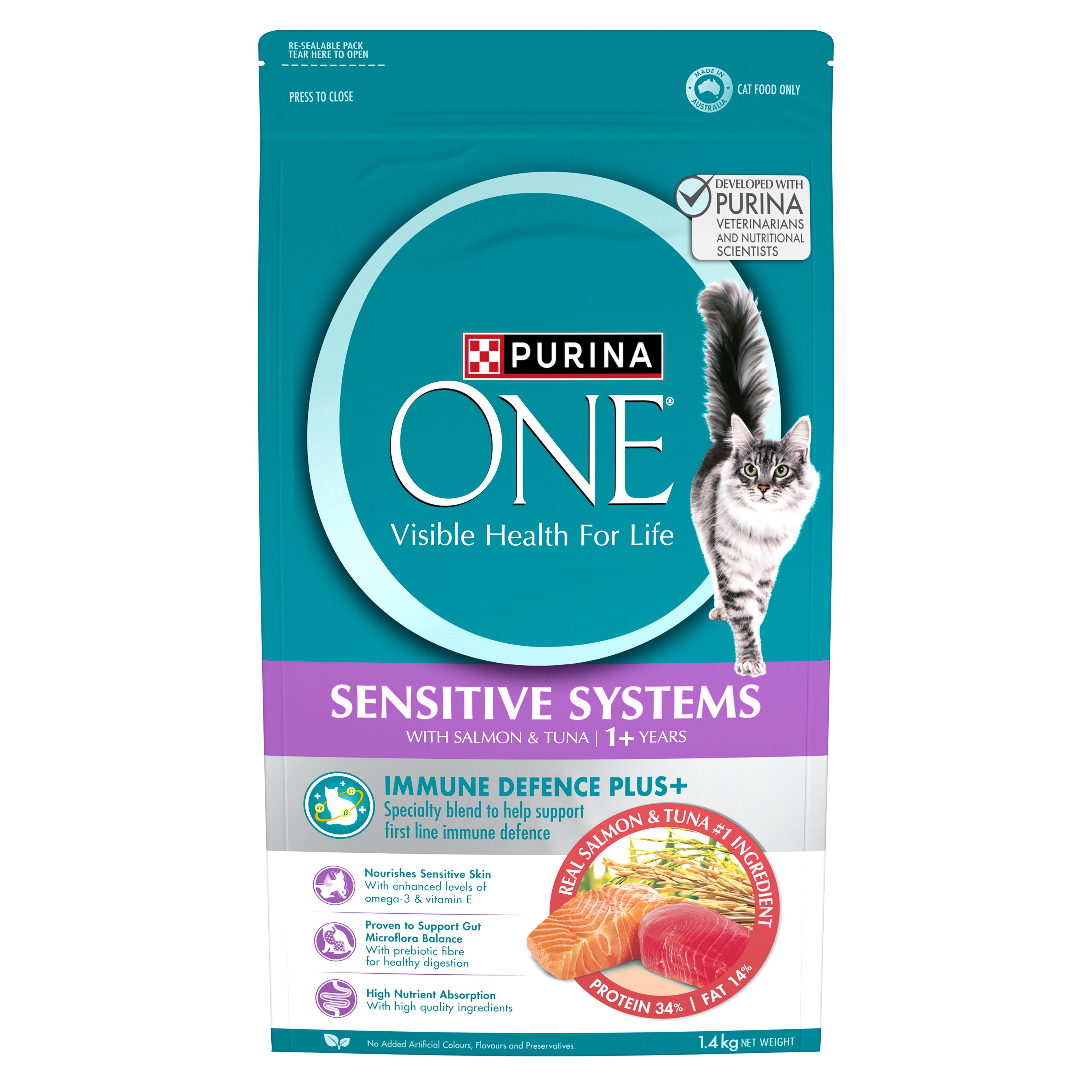 PURINA ONE Adult Sensitive Salmon & Tuna Dry Cat Food Bag Front