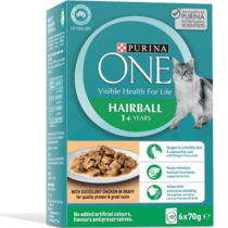 PURINA ONE Adult Hairball with Succulent Chicken in Gravy Wet Pouch 6 Pack 6 x 70g Multipack