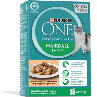 PURINA ONE Adult Hairball with Succulent Chicken in Gravy Wet Pouch 6 Pack 6 x 70g Multipack