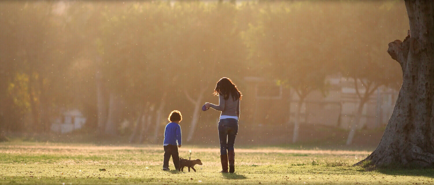 Woman and boy walking puppy Woman and boy walking puppy